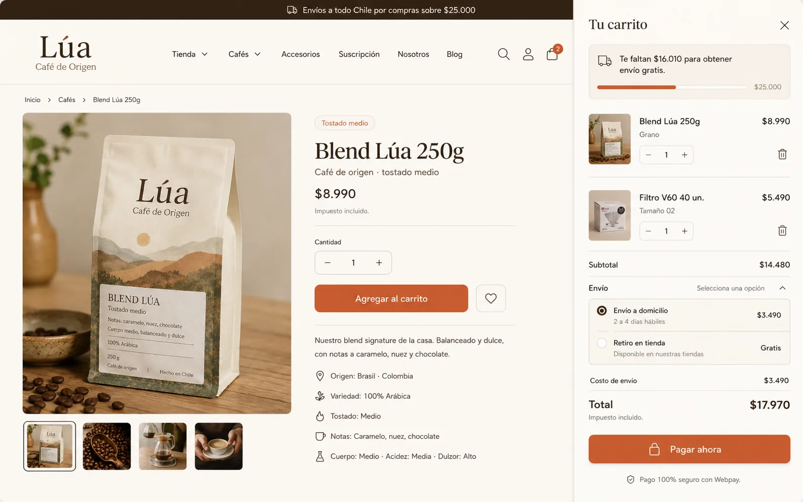 Demo de venta online para Lúa Café con ficha de producto, carrito, despacho y pago