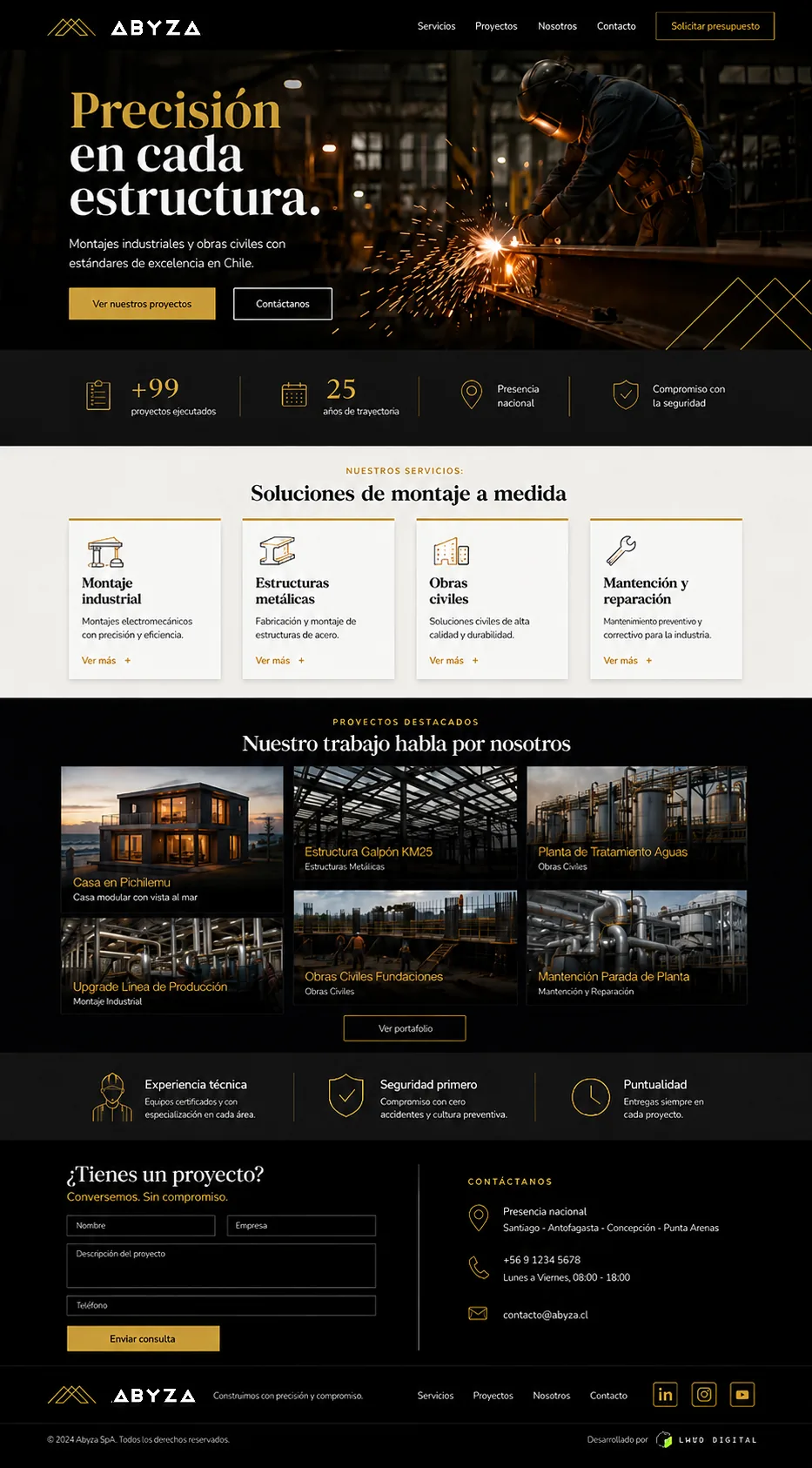 Web multipágina construida para Abyza con servicios, proyectos, prueba y contacto